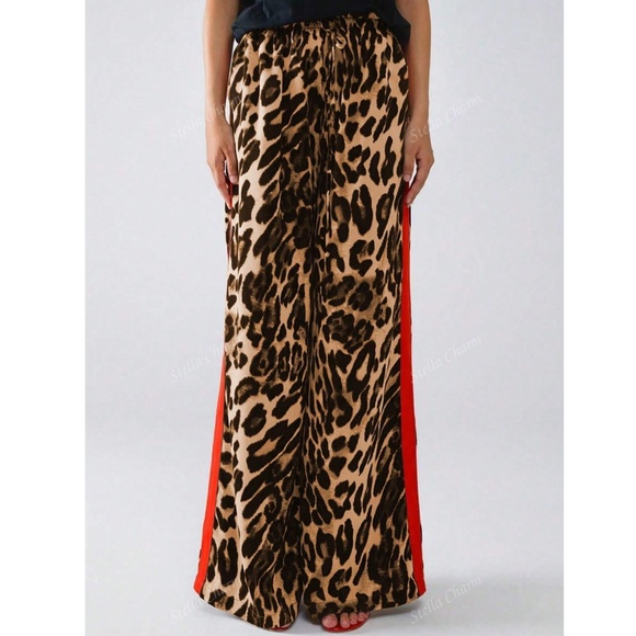 Leopard Cheetah Animal Print Red Stripe Faux Tie Front Loose Wide Pants - Picture 5 of 7